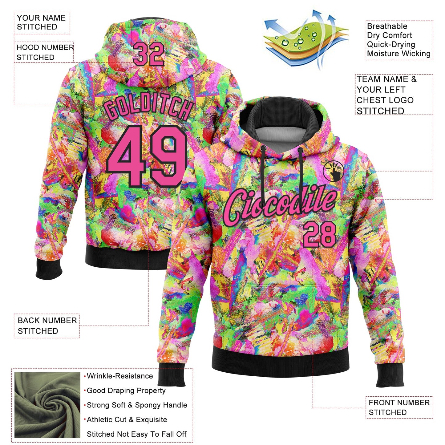 Custom Stitched Graffiti Pattern Pink-Black 3D Watercolor Grunge Art Sports Pullover Sweatshirt Hoodie view 2