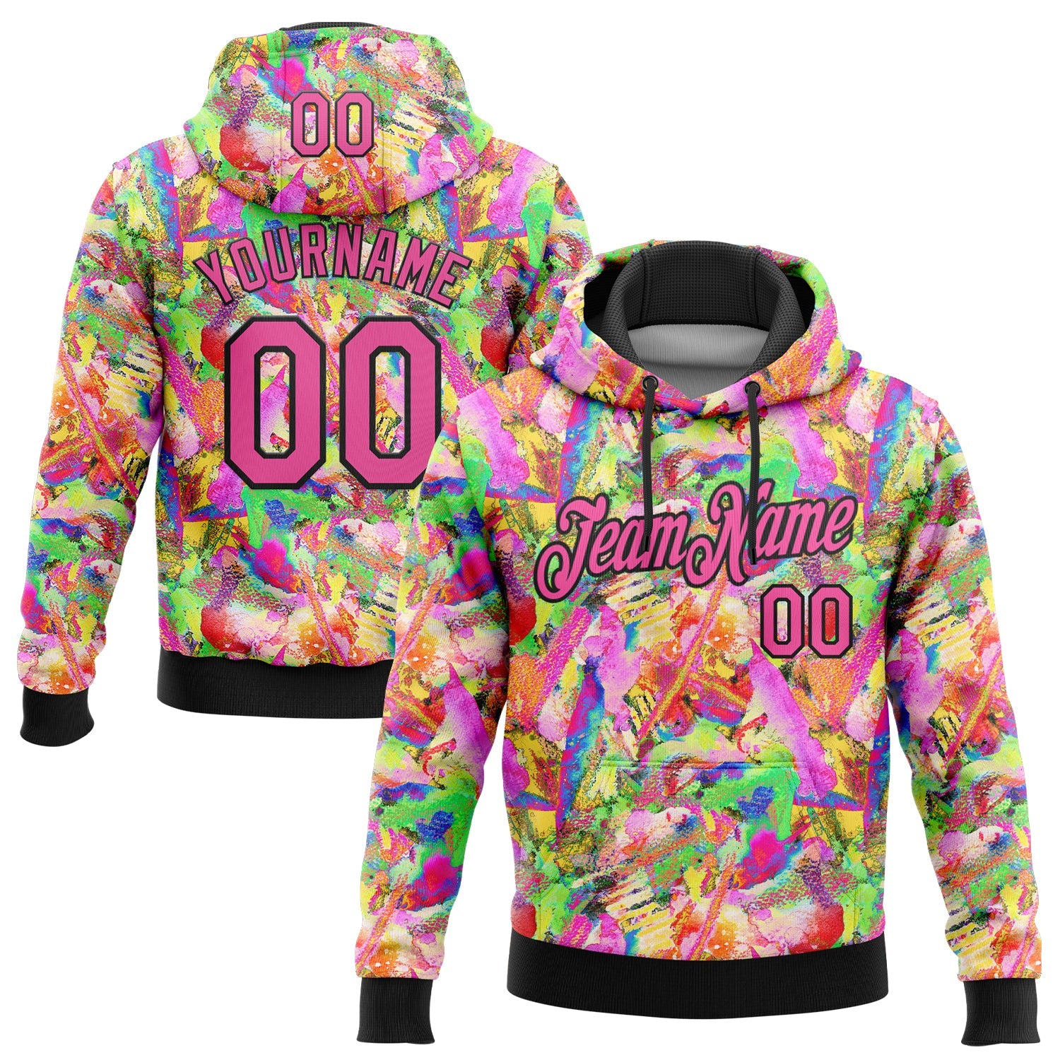 Custom Stitched Graffiti Pattern Pink-Black 3D Watercolor Grunge Art Sports Pullover Sweatshirt Hoodie - Main View