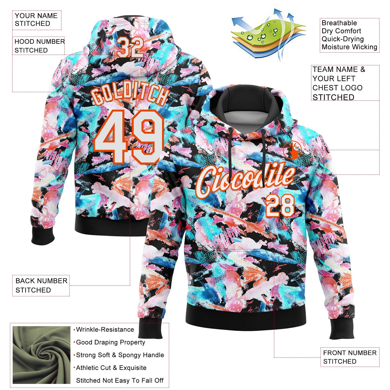 Custom Stitched Graffiti Pattern White Black-Orange 3D Watercolor Grunge Art Sports Pullover Sweatshirt Hoodie view 2