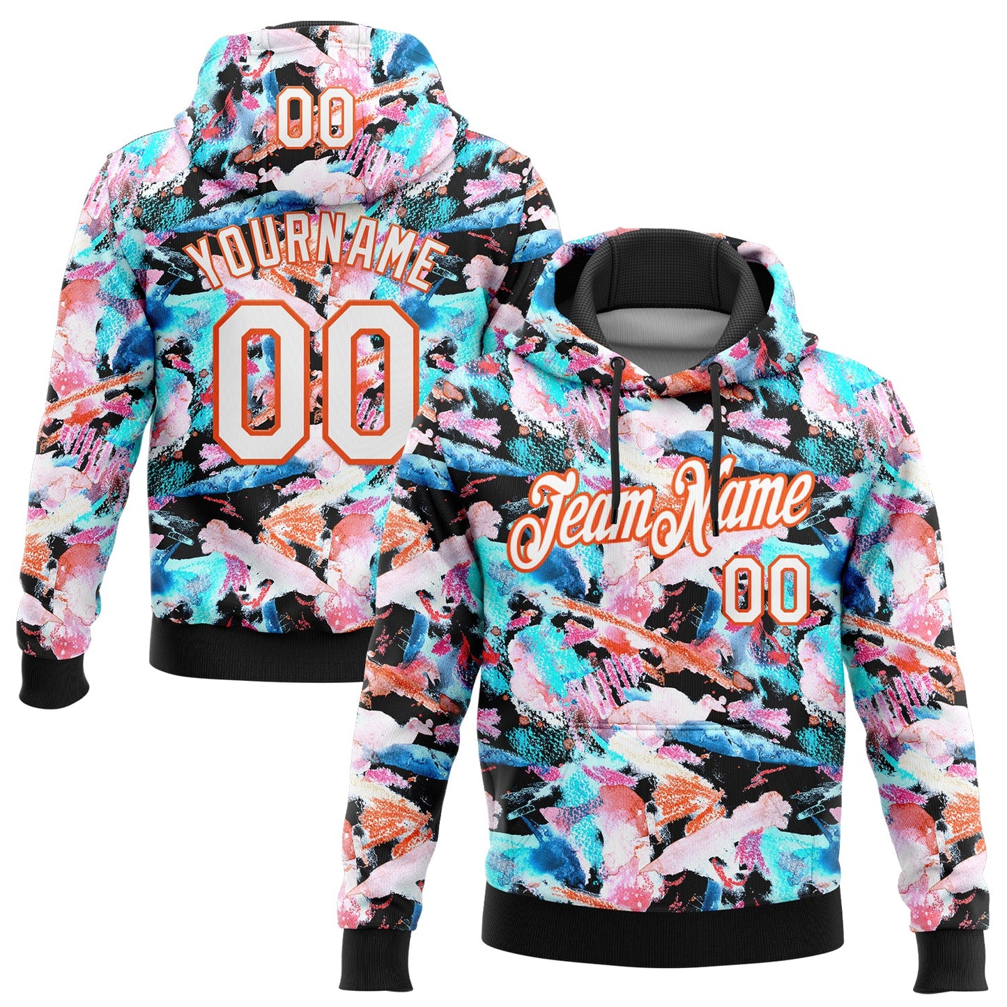 Custom Stitched Graffiti Pattern White Black-Orange 3D Watercolor Grunge Art Sports Pullover Sweatshirt Hoodie - Main View