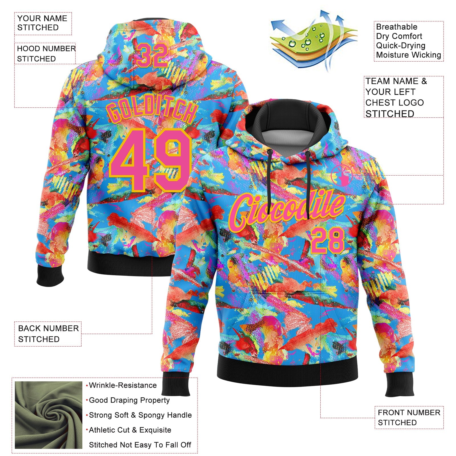 Custom Stitched Graffiti Pattern Hot Pink Black-Yellow 3D Watercolor Grunge Art Sports Pullover Sweatshirt Hoodie view 2