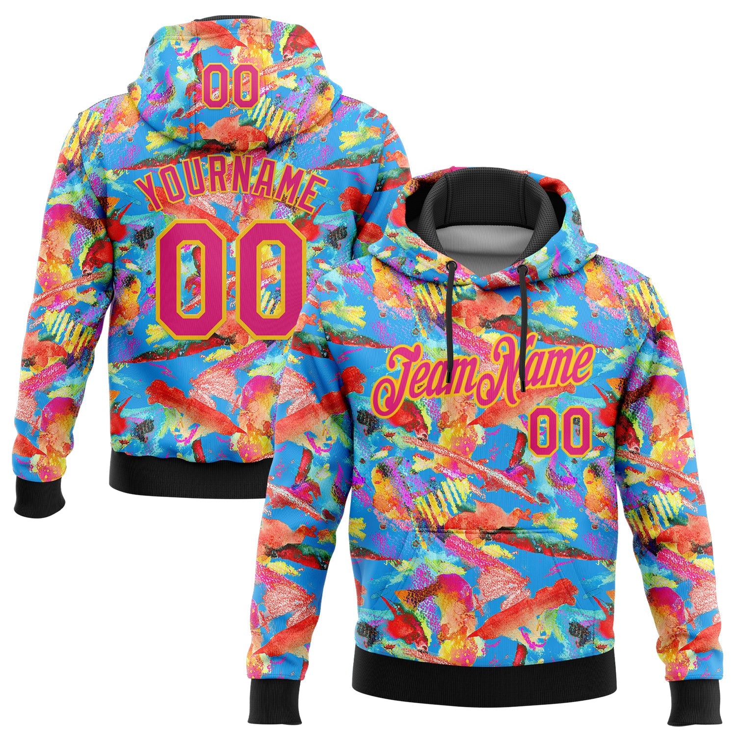 Custom Stitched Graffiti Pattern Hot Pink Black-Yellow 3D Watercolor Grunge Art Sports Pullover Sweatshirt Hoodie - Main View