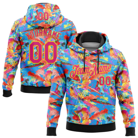 Custom Stitched Graffiti Pattern Hot Pink Black-Yellow 3D Watercolor Grunge Art Sports Pullover Sweatshirt Hoodie - Main View