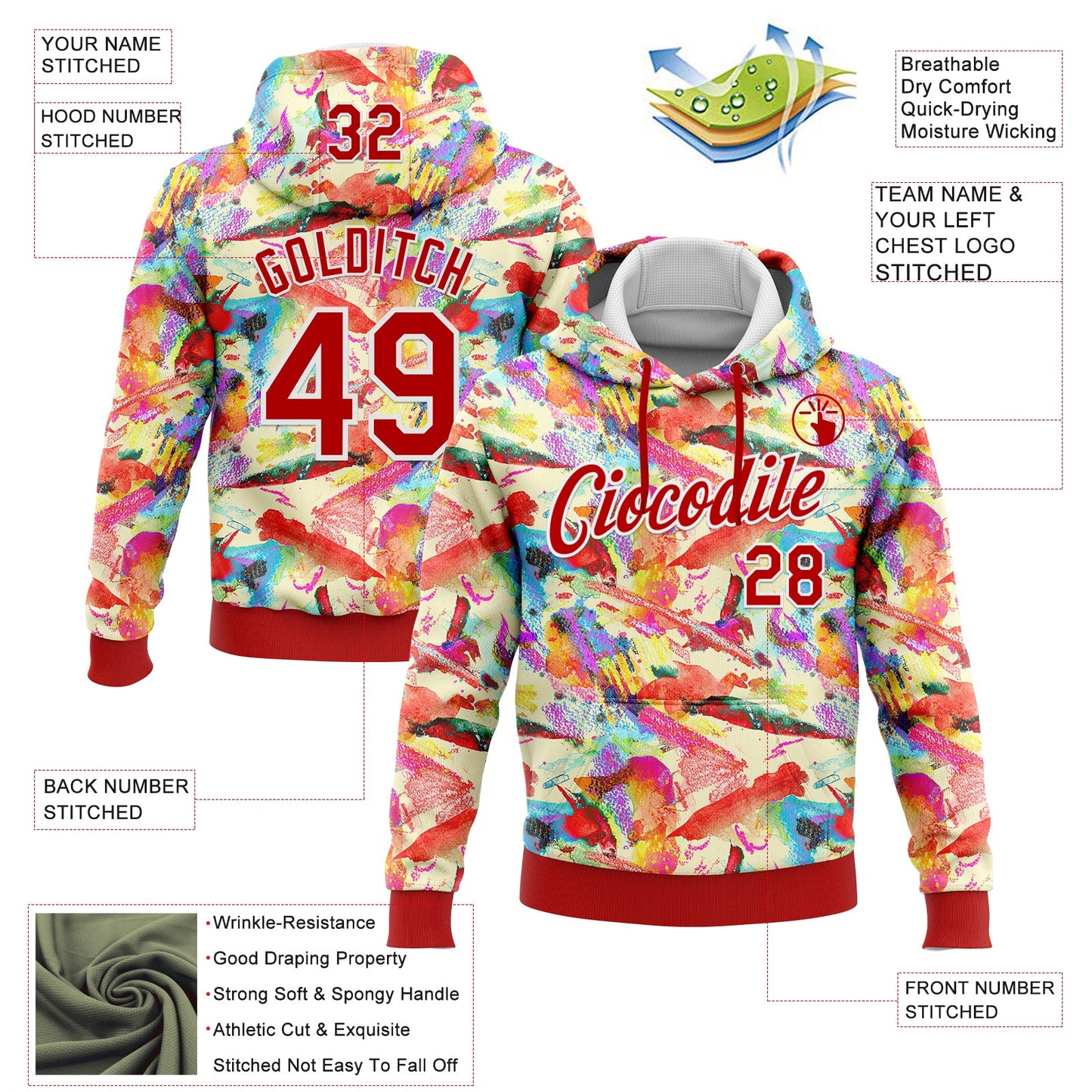 Custom Stitched Graffiti Pattern Red-White 3D Watercolor Grunge Art Sports Pullover Sweatshirt Hoodie view 2
