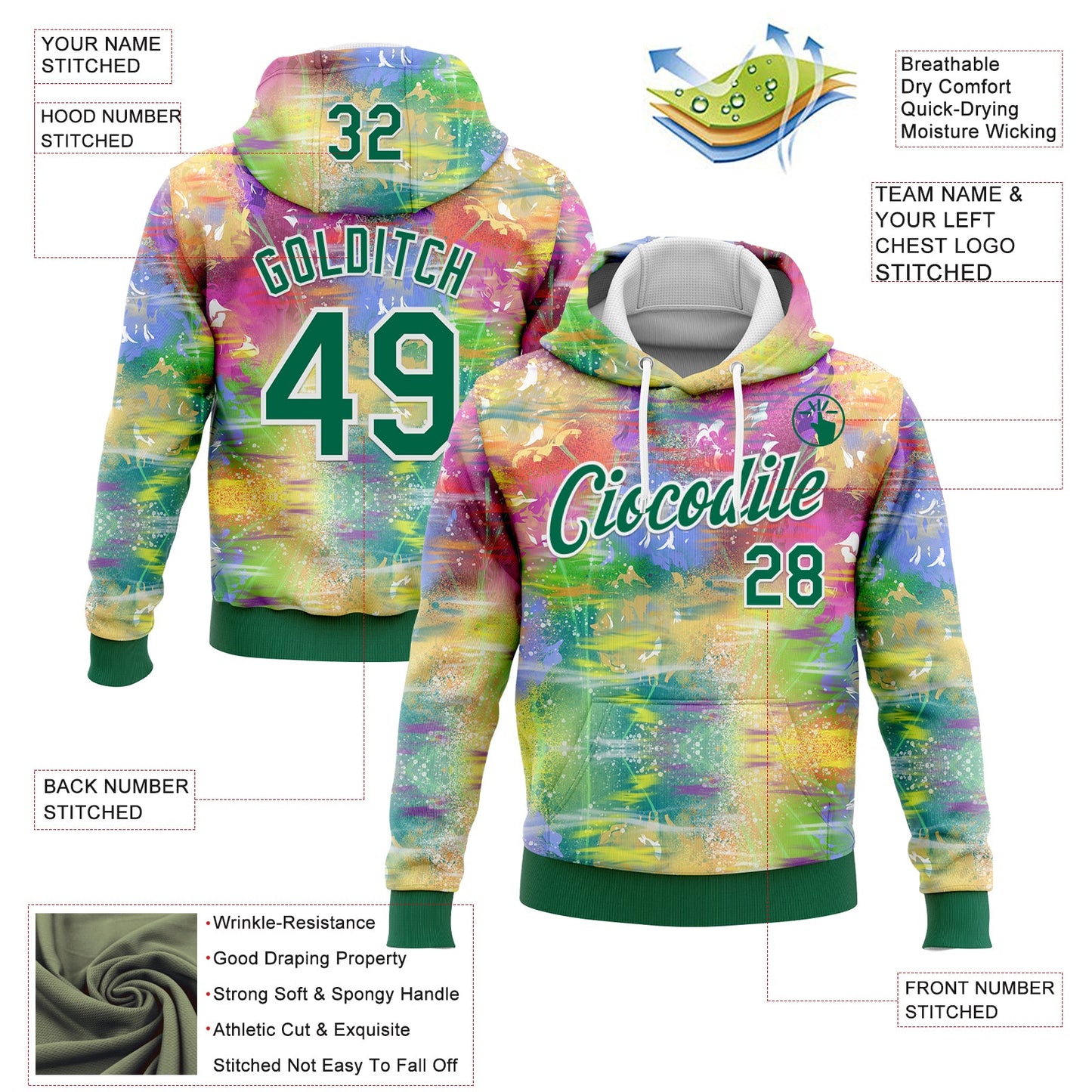 Custom Stitched Graffiti Pattern Kelly Green-White 3D Watercolor Grunge Art Sports Pullover Sweatshirt Hoodie view 2
