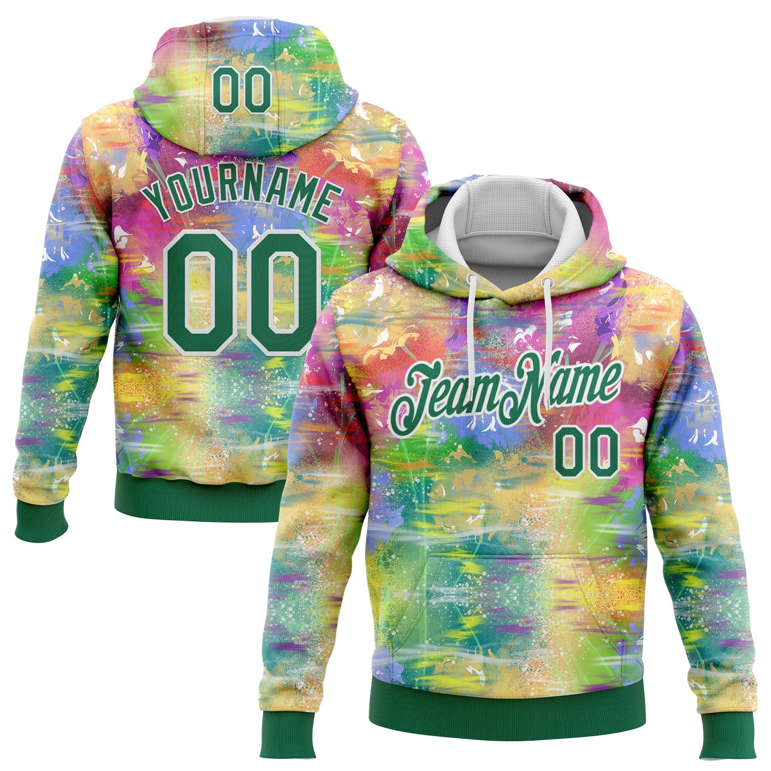 Custom Stitched Graffiti Pattern Kelly Green-White 3D Watercolor Grunge Art Sports Pullover Sweatshirt Hoodie - Main View