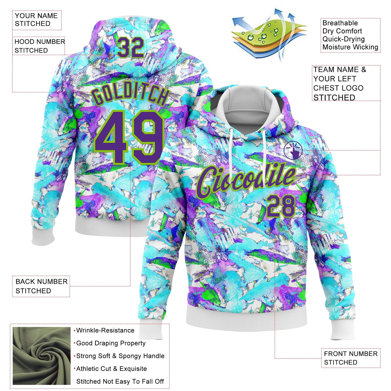Custom Stitched Graffiti Pattern Purple-Neon Green 3D Watercolor Grunge Art Sports Pullover Sweatshirt Hoodie view 2