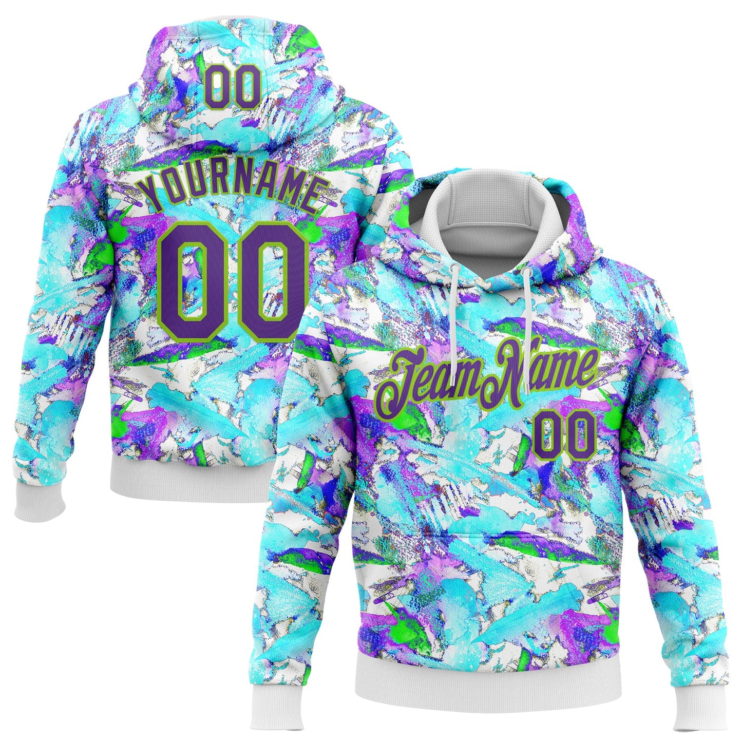 Custom Stitched Graffiti Pattern Purple-Neon Green 3D Watercolor Grunge Art Sports Pullover Sweatshirt Hoodie - Main View