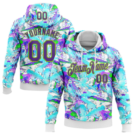 Custom Stitched Graffiti Pattern Purple-Neon Green 3D Watercolor Grunge Art Sports Pullover Sweatshirt Hoodie - Main View