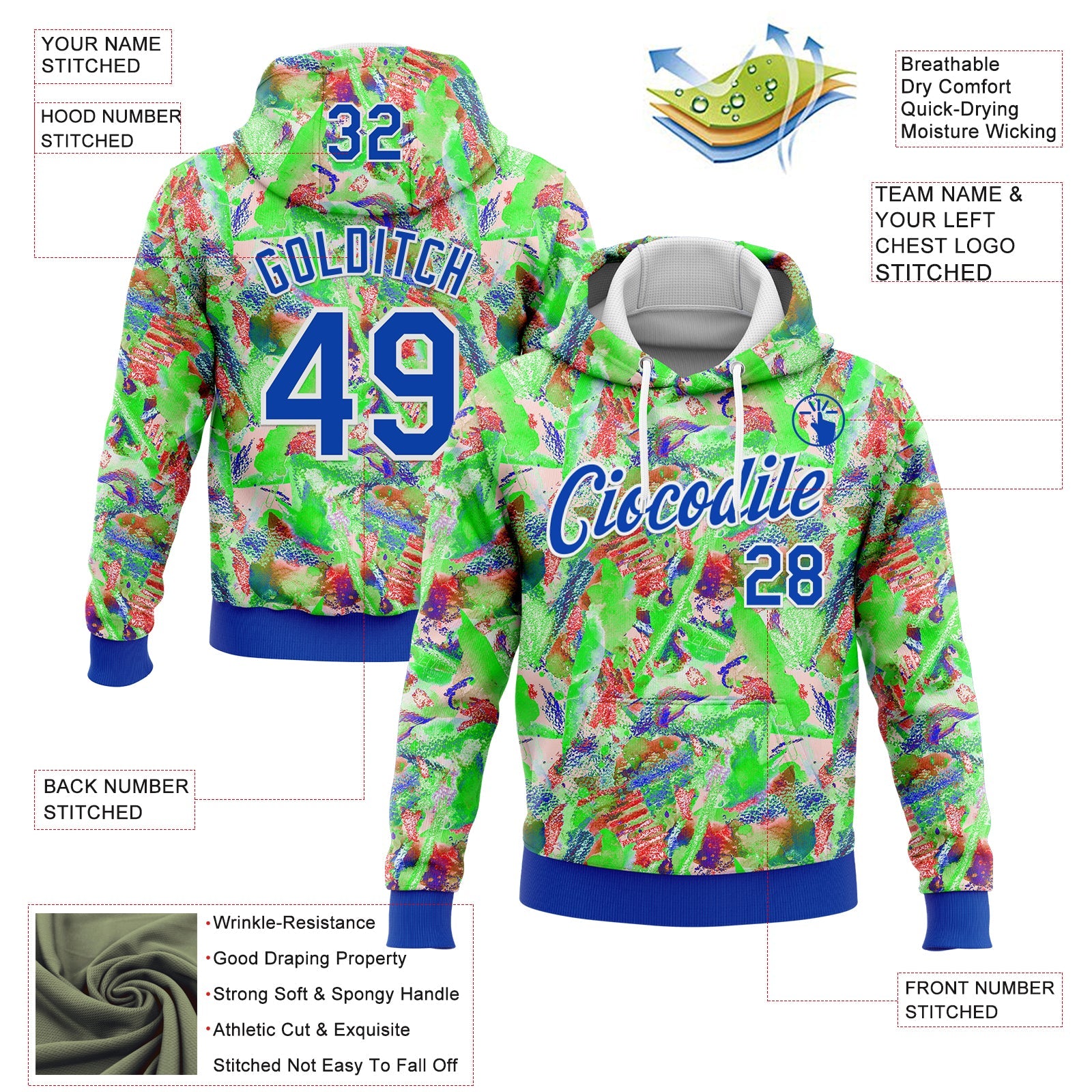 Custom Stitched Graffiti Pattern Thunder Blue-White 3D Watercolor Grunge Art Sports Pullover Sweatshirt Hoodie view 2