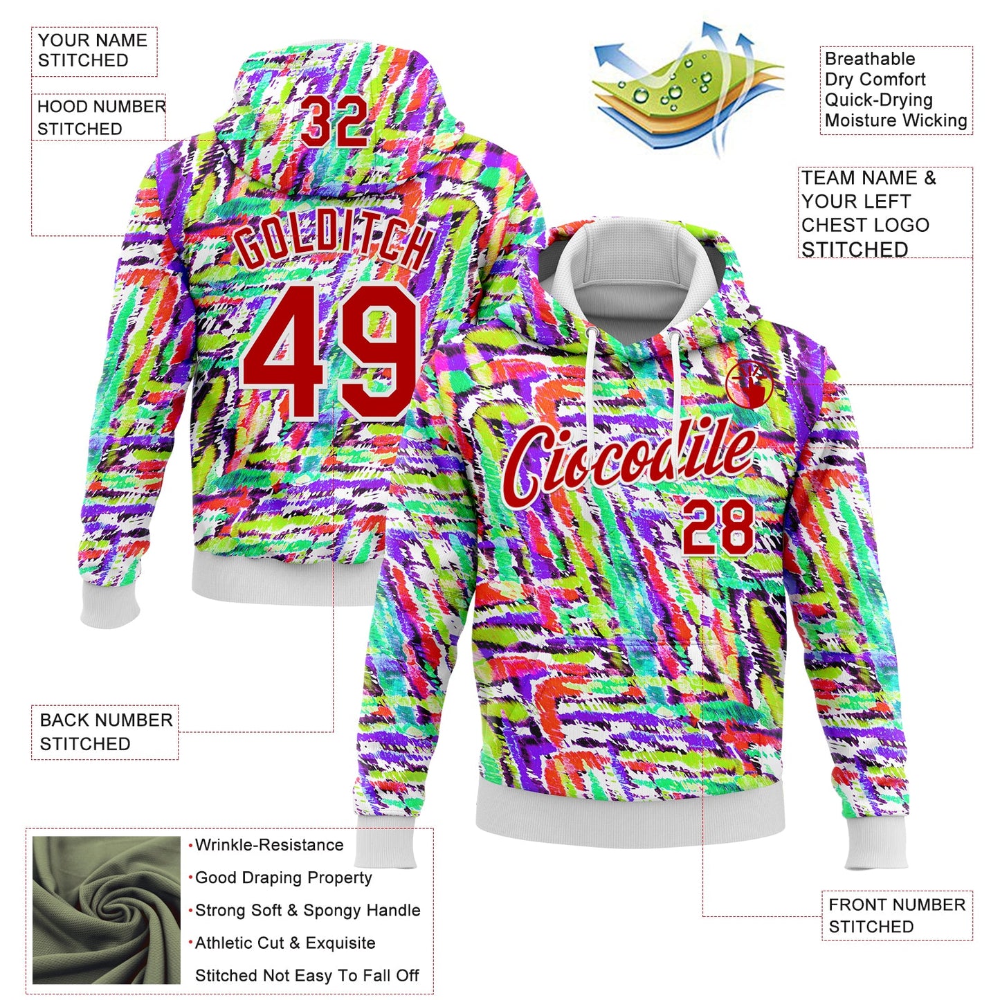 Custom Stitched Graffiti Pattern Red-White 3D Watercolor Grunge Art Sports Pullover Sweatshirt Hoodie view 2