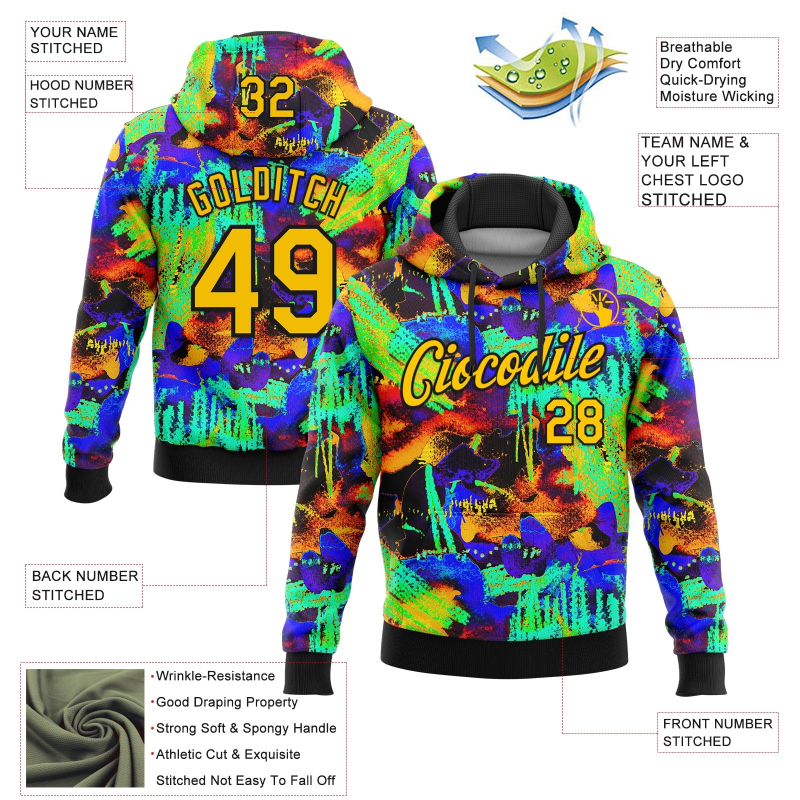 Custom Stitched Graffiti Pattern Yellow-Black 3D Watercolor Grunge Art Sports Pullover Sweatshirt Hoodie view 2
