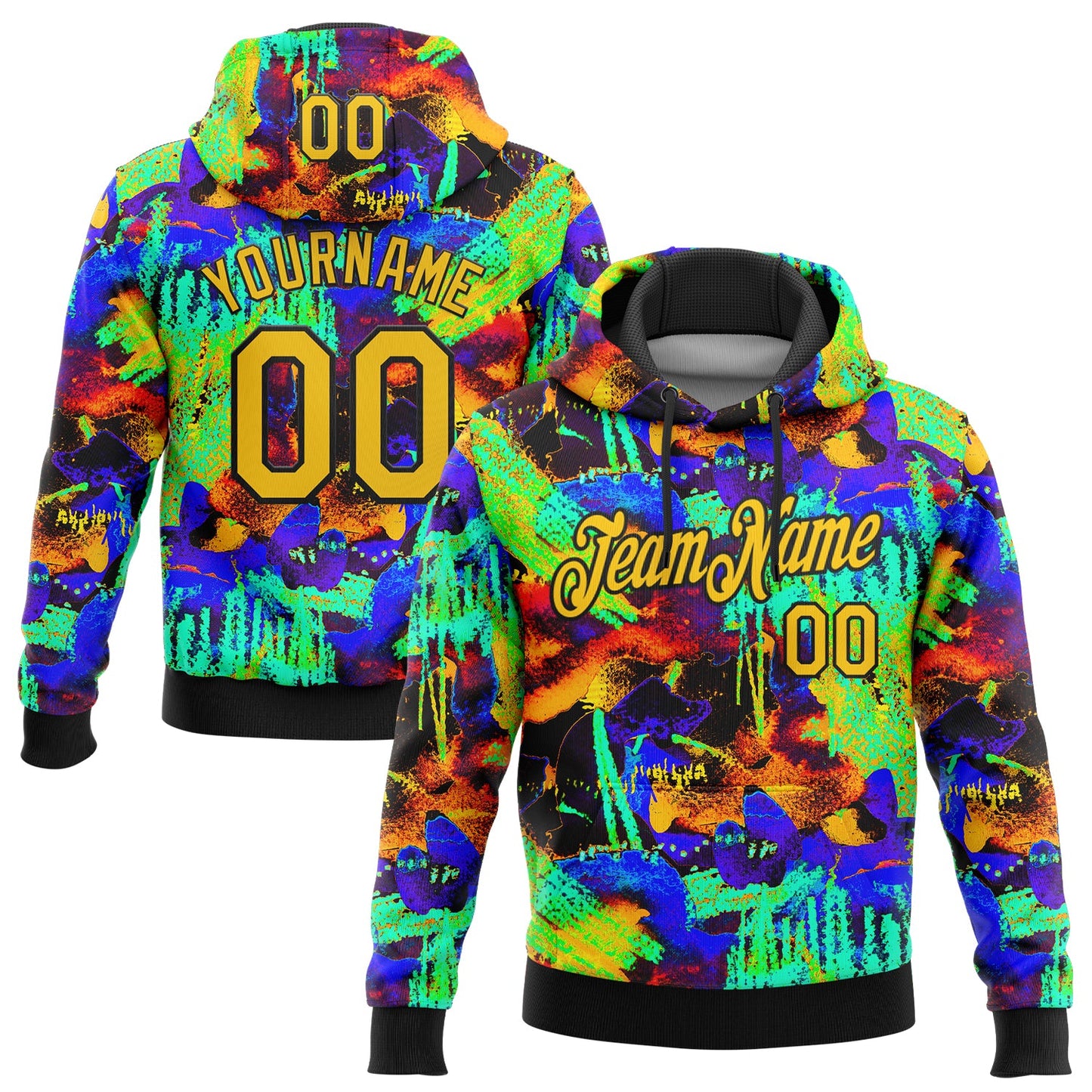 Custom Stitched Graffiti Pattern Yellow-Black 3D Watercolor Grunge Art Sports Pullover Sweatshirt Hoodie - Main View