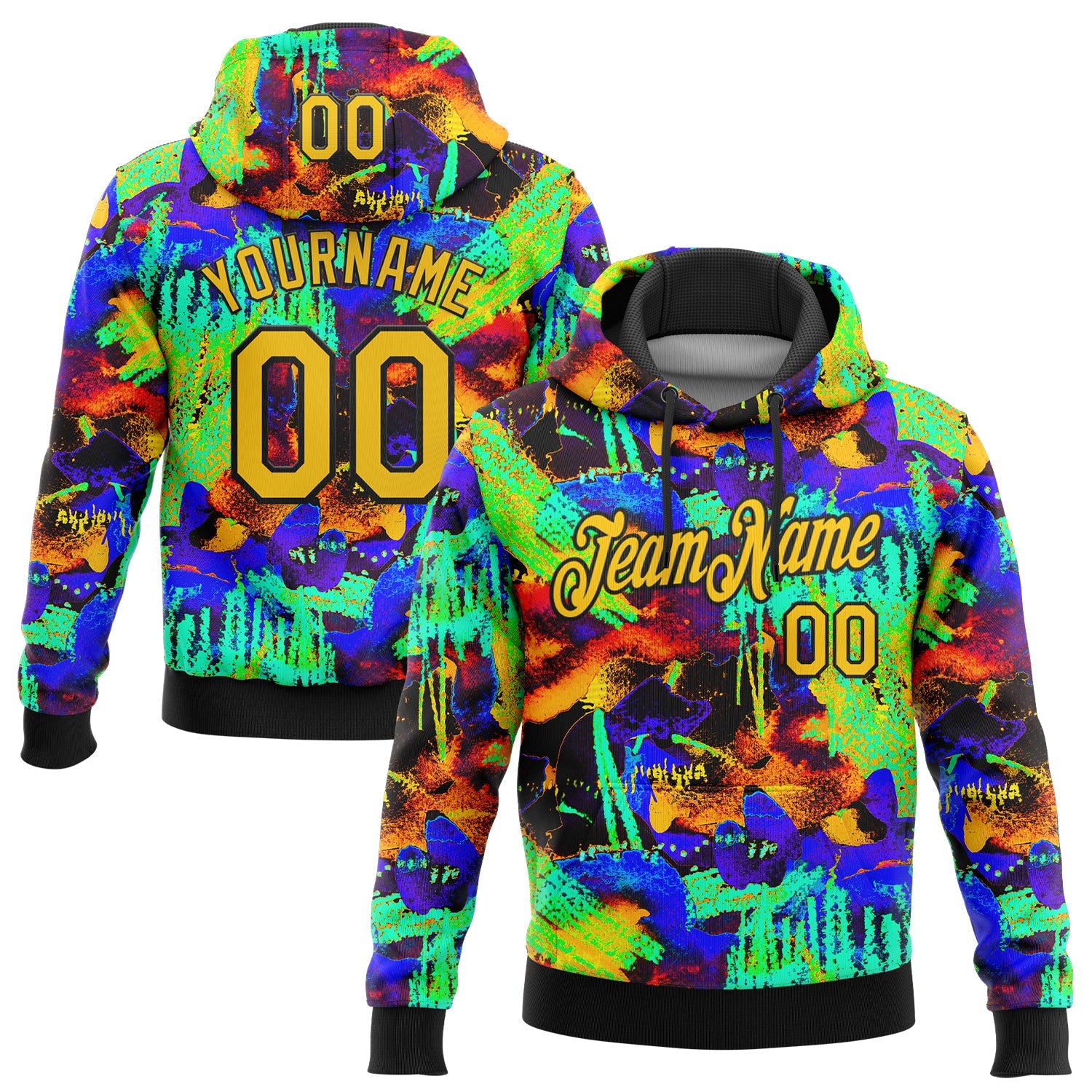 Custom Stitched Graffiti Pattern Yellow-Black 3D Watercolor Grunge Art Sports Pullover Sweatshirt Hoodie - Main View