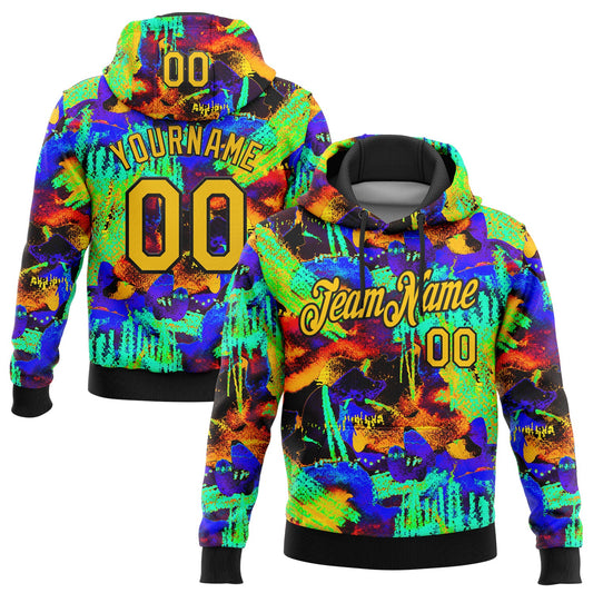 Custom Stitched Graffiti Pattern Yellow-Black 3D Watercolor Grunge Art Sports Pullover Sweatshirt Hoodie - Main View