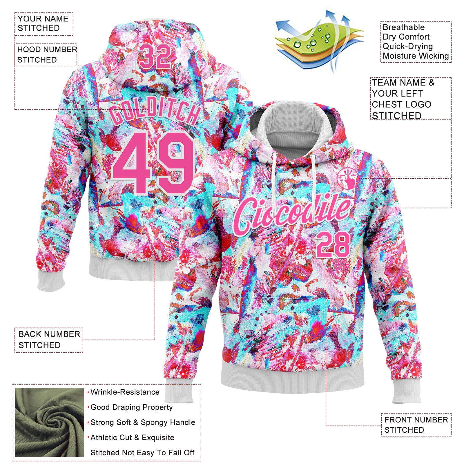 Custom Stitched Graffiti Pattern Pink-White 3D Watercolor Grunge Art Sports Pullover Sweatshirt Hoodie view 2