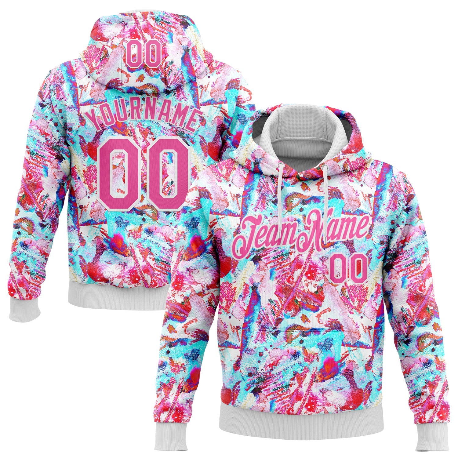 Custom Stitched Graffiti Pattern Pink-White 3D Watercolor Grunge Art Sports Pullover Sweatshirt Hoodie - Main View