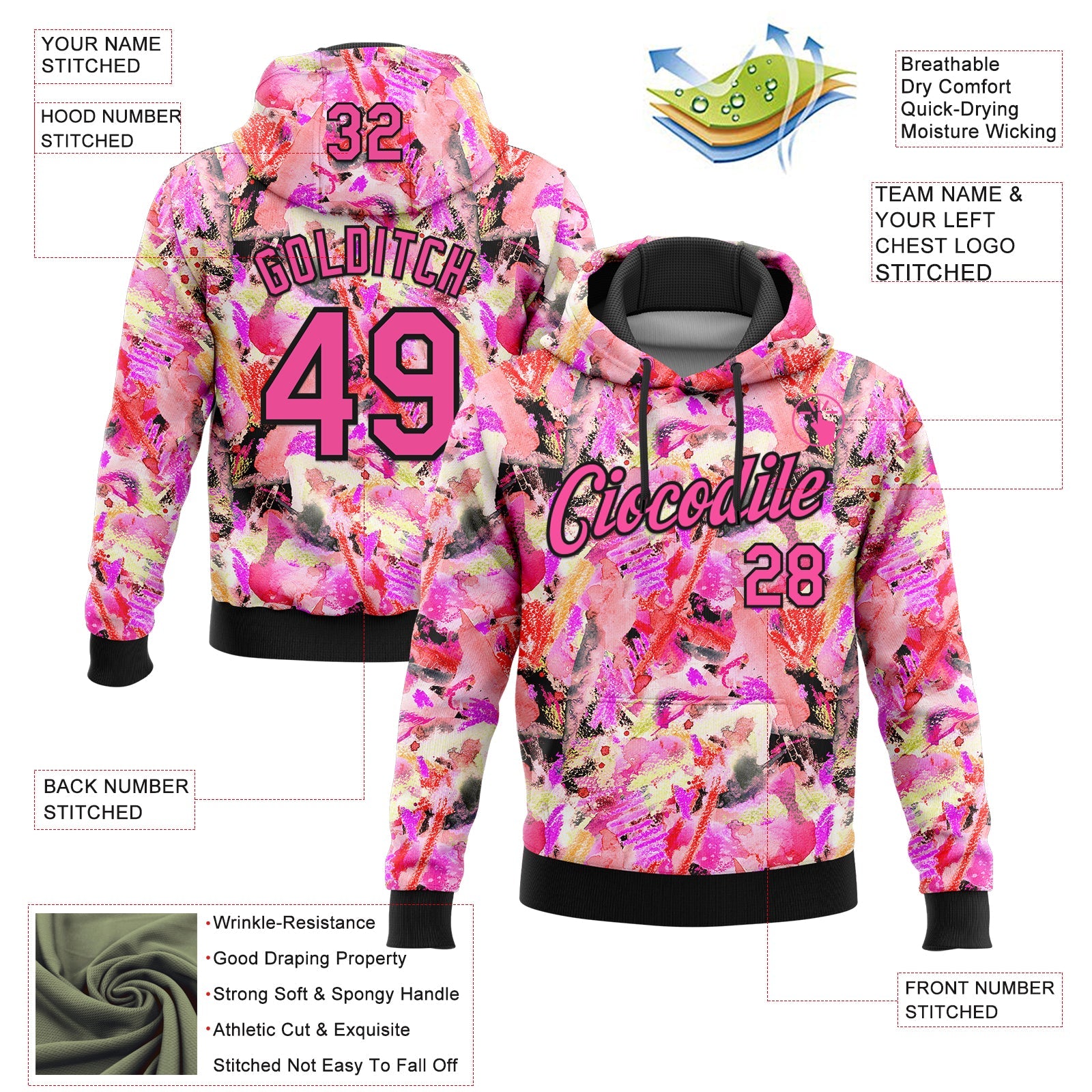 Custom Stitched Graffiti Pattern Pink-Black 3D Watercolor Grunge Art Sports Pullover Sweatshirt Hoodie view 2