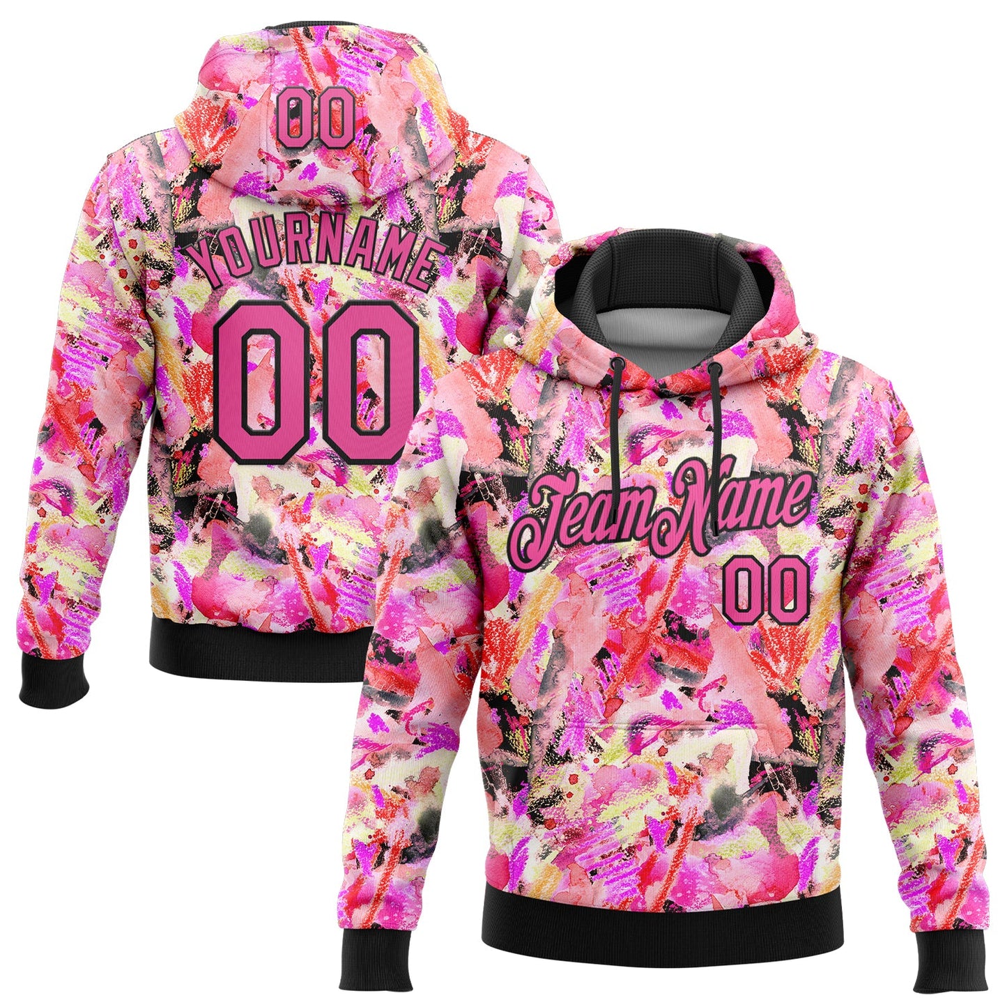 Custom Stitched Graffiti Pattern Pink-Black 3D Watercolor Grunge Art Sports Pullover Sweatshirt Hoodie - Main View