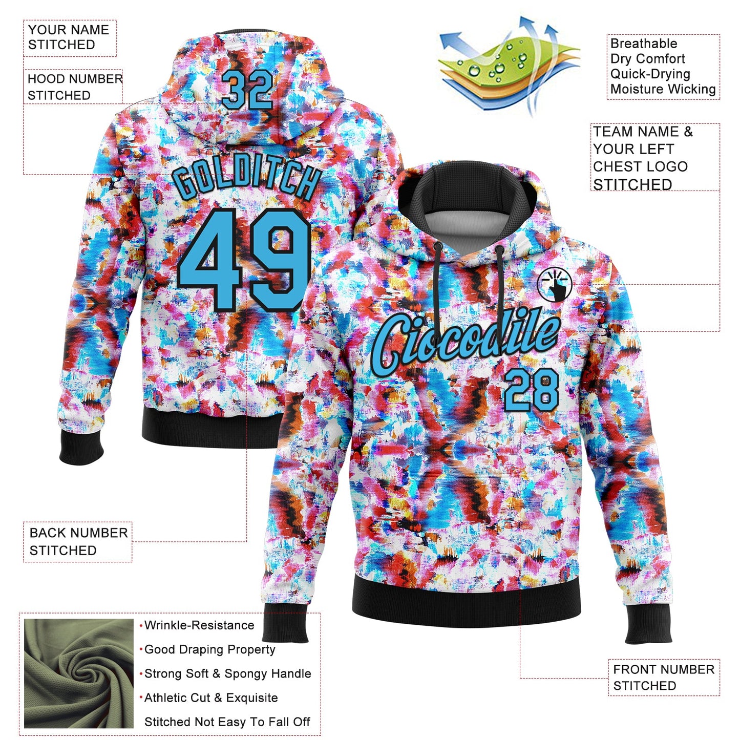 Custom Stitched Graffiti Pattern Sky Blue-Black 3D Watercolor Grunge Art Sports Pullover Sweatshirt Hoodie view 2