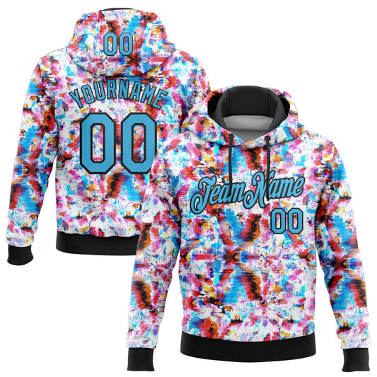 Custom Stitched Graffiti Pattern Sky Blue-Black 3D Watercolor Grunge Art Sports Pullover Sweatshirt Hoodie - Main View