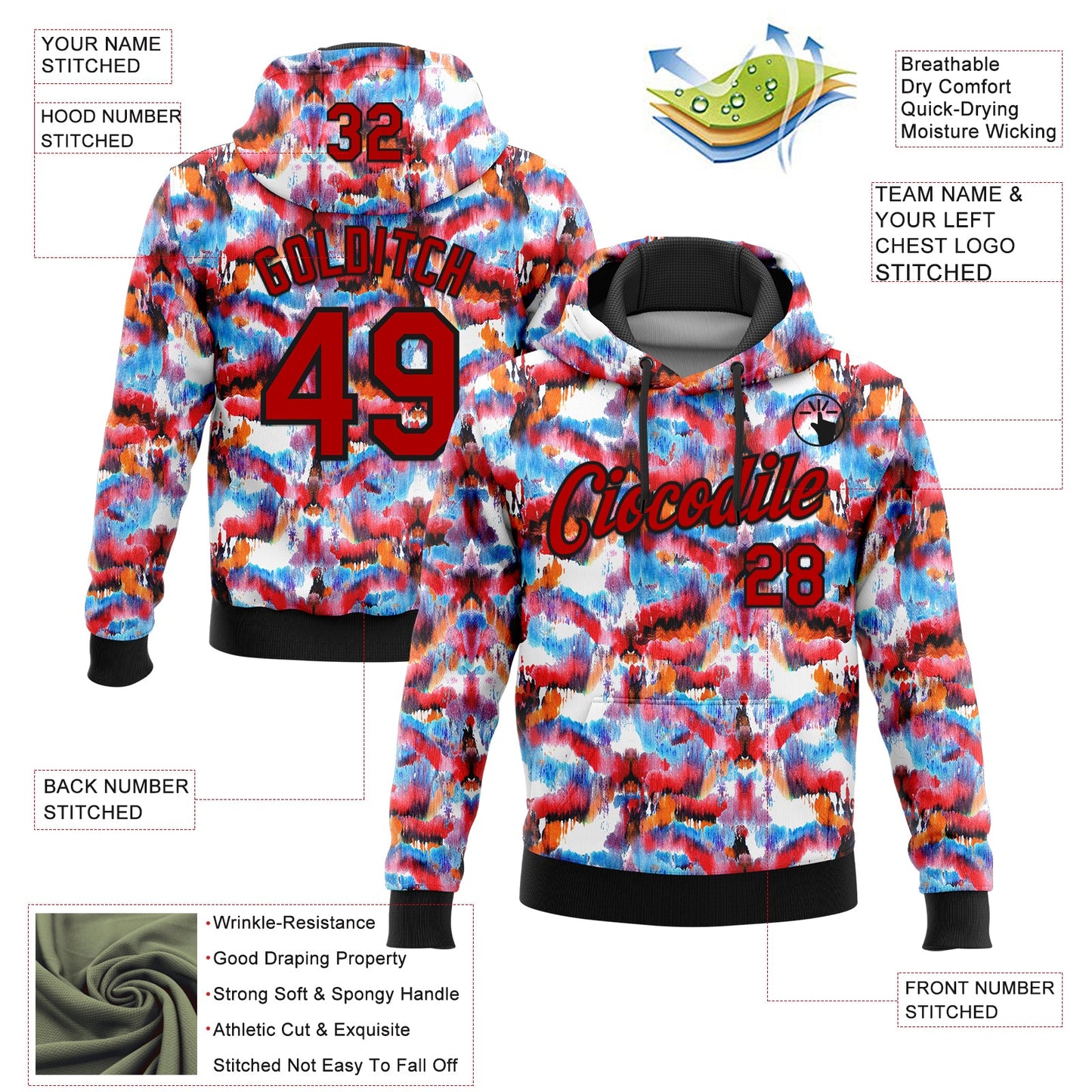 Custom Stitched Graffiti Pattern Red-Black 3D Watercolor Grunge Art Sports Pullover Sweatshirt Hoodie view 2