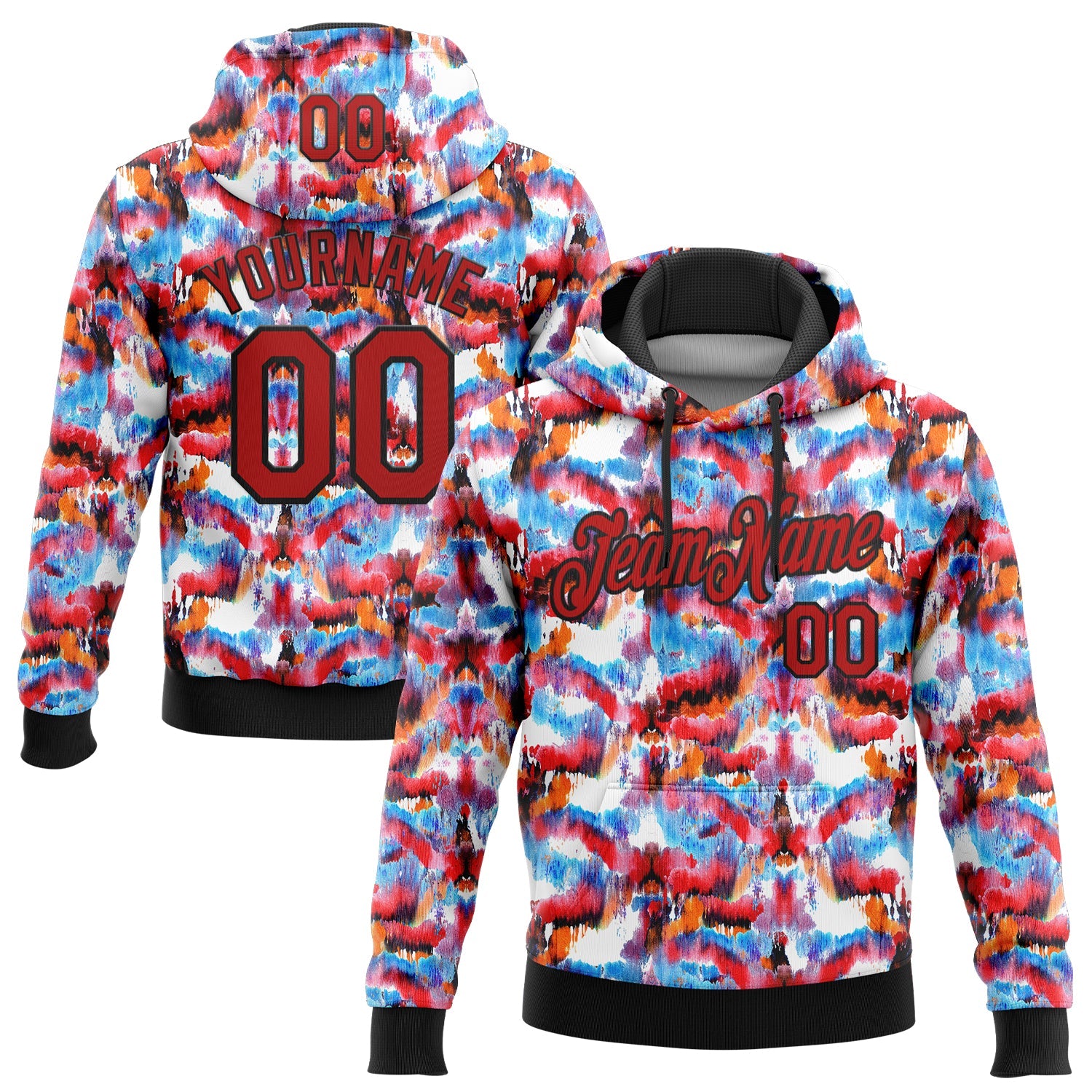 Custom Stitched Graffiti Pattern Red-Black 3D Watercolor Grunge Art Sports Pullover Sweatshirt Hoodie - Main View