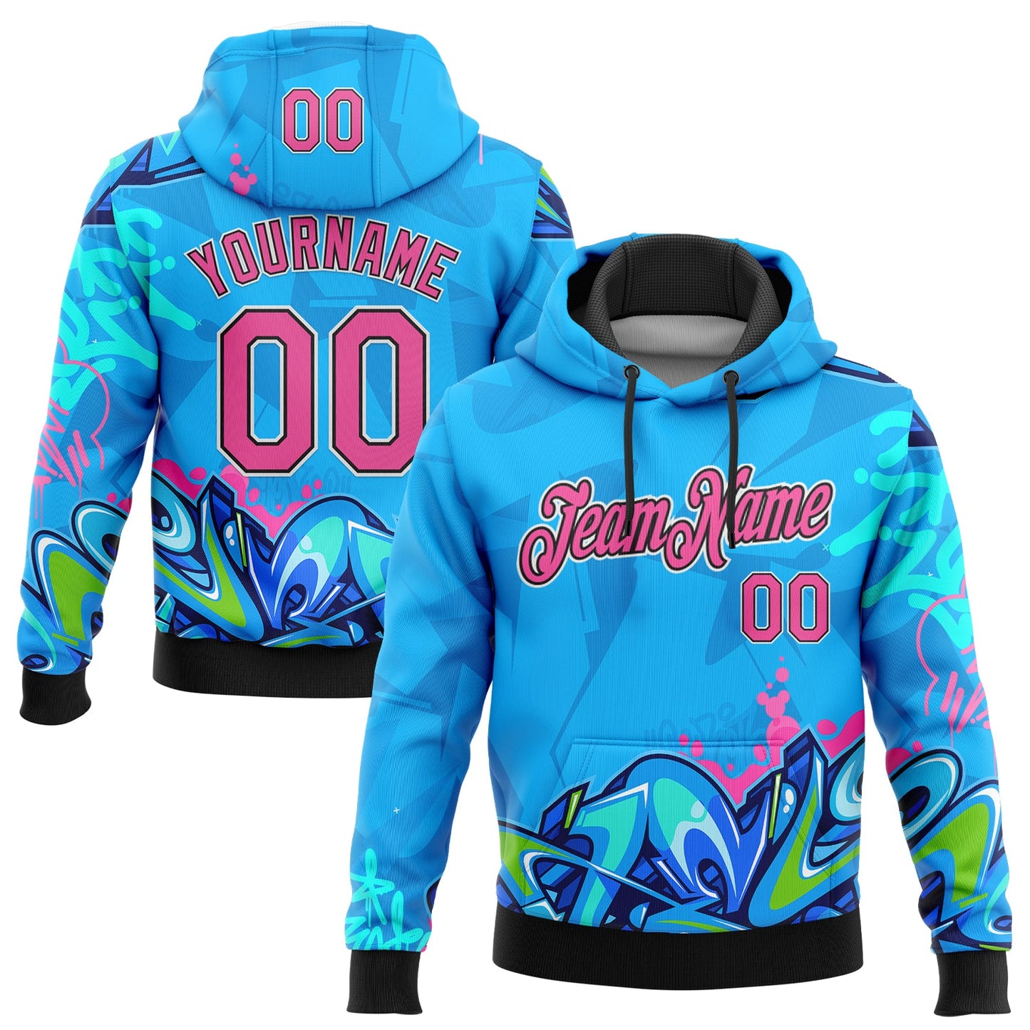 Custom Stitched Graffiti Pattern Pink Black-White 3D Hiphop Abstract Urban Street Art Sports Pullover Sweatshirt Hoodie - Main View