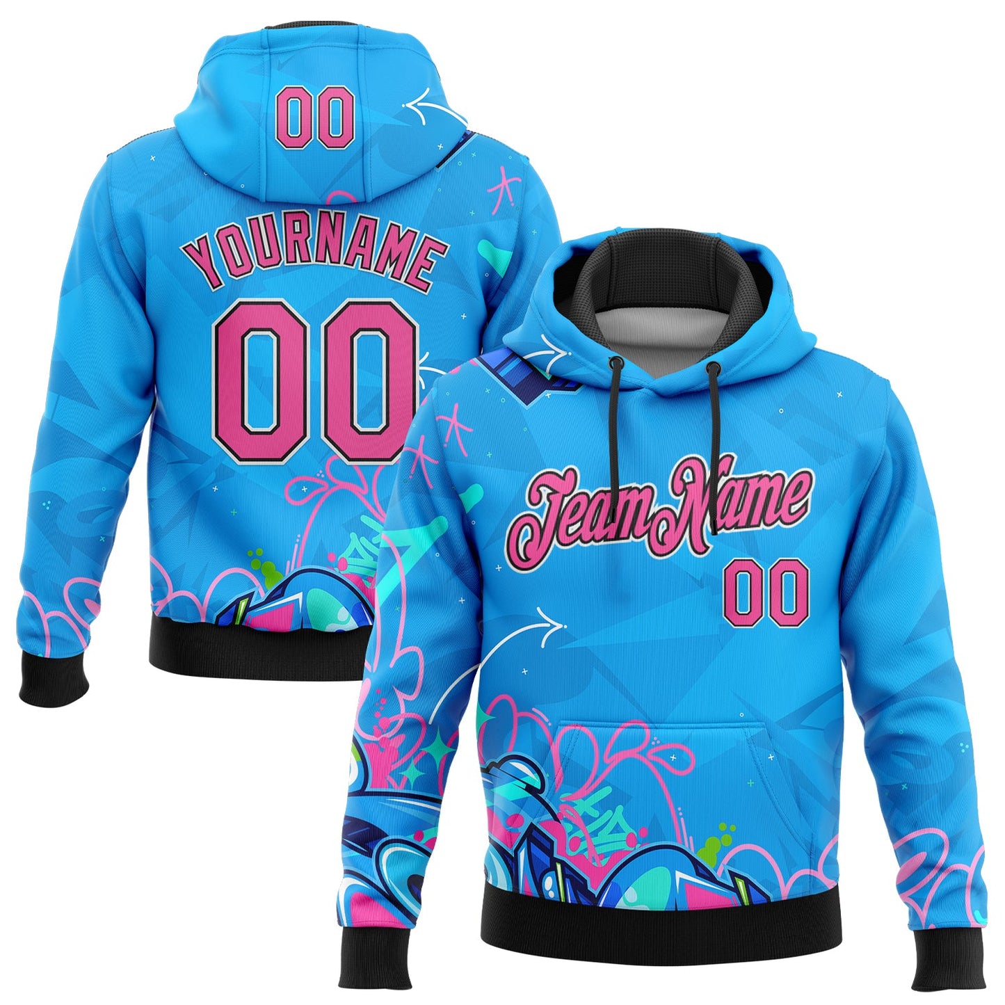 Custom Stitched Graffiti Pattern Pink Black-White 3D Hiphop Abstract Urban Street Art Sports Pullover Sweatshirt Hoodie - Main View