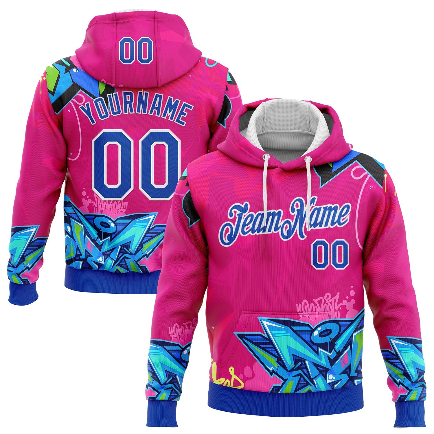 Custom Stitched Graffiti Pattern Thunder Blue-White 3D Hiphop Abstract Urban Street Art Sports Pullover Sweatshirt Hoodie - Main View