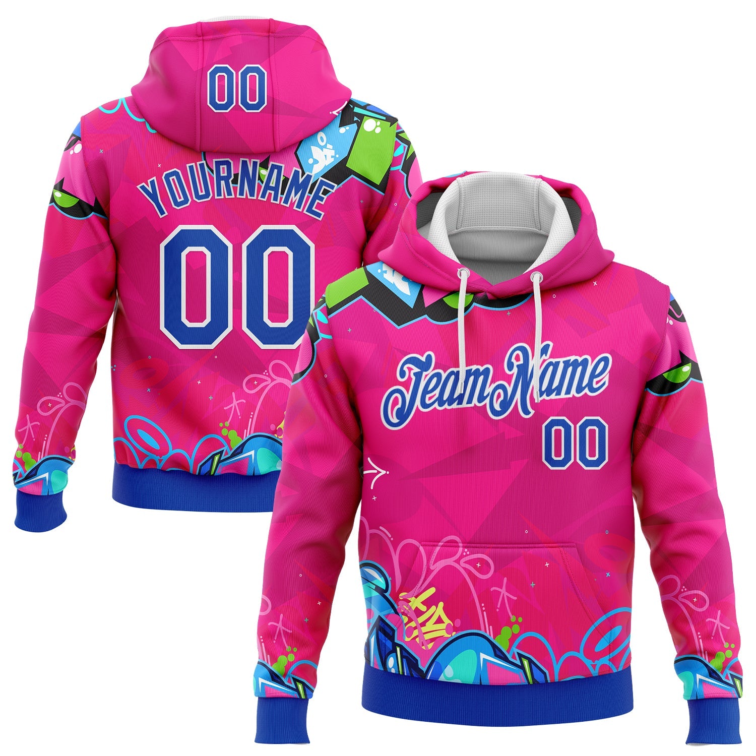 Custom Stitched Graffiti Pattern Thunder Blue-White 3D Hiphop Abstract Urban Street Art Sports Pullover Sweatshirt Hoodie - Main View