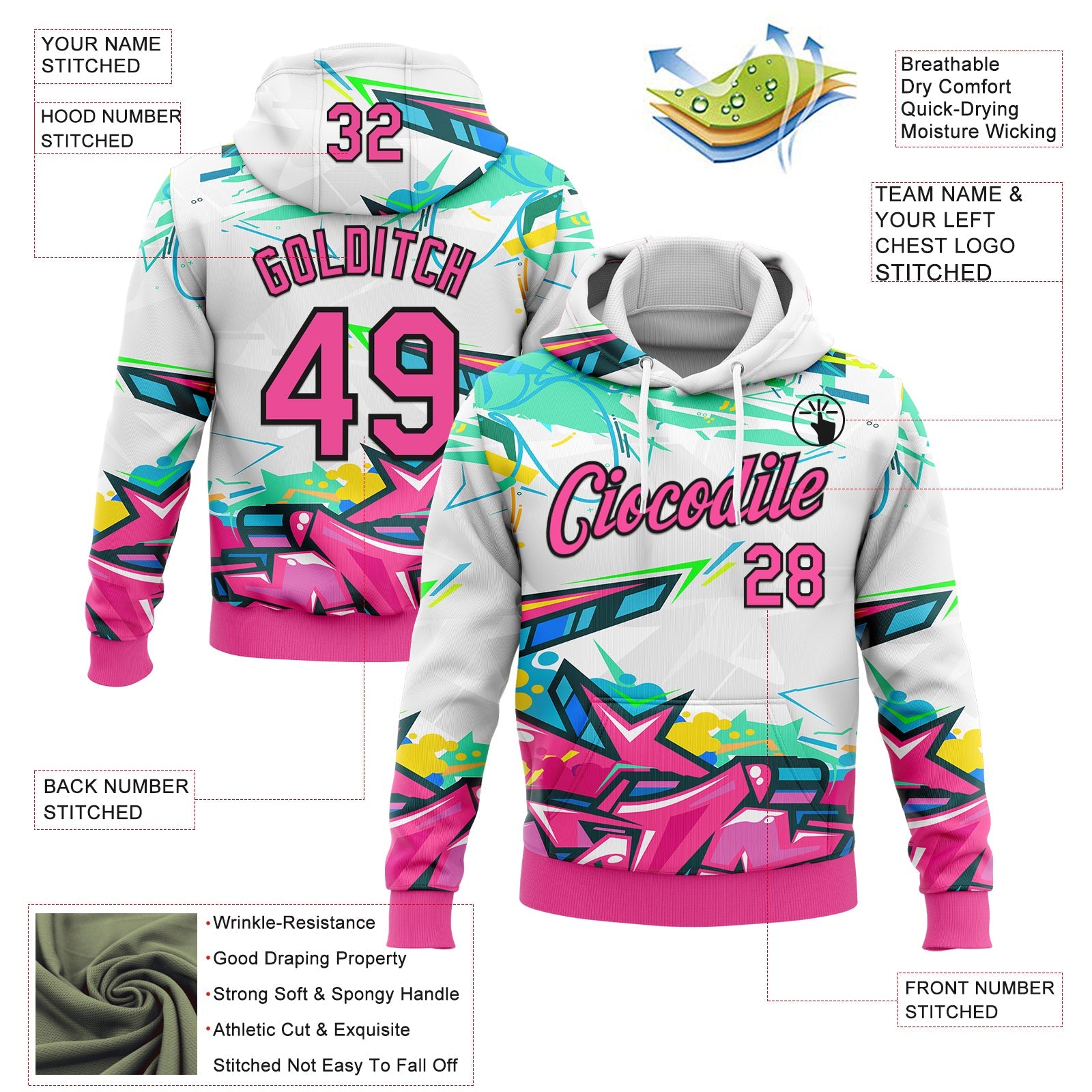 Custom Stitched Graffiti Pattern Pink-Black 3D Abstract Splashes Sports Pullover Sweatshirt Hoodie view 2
