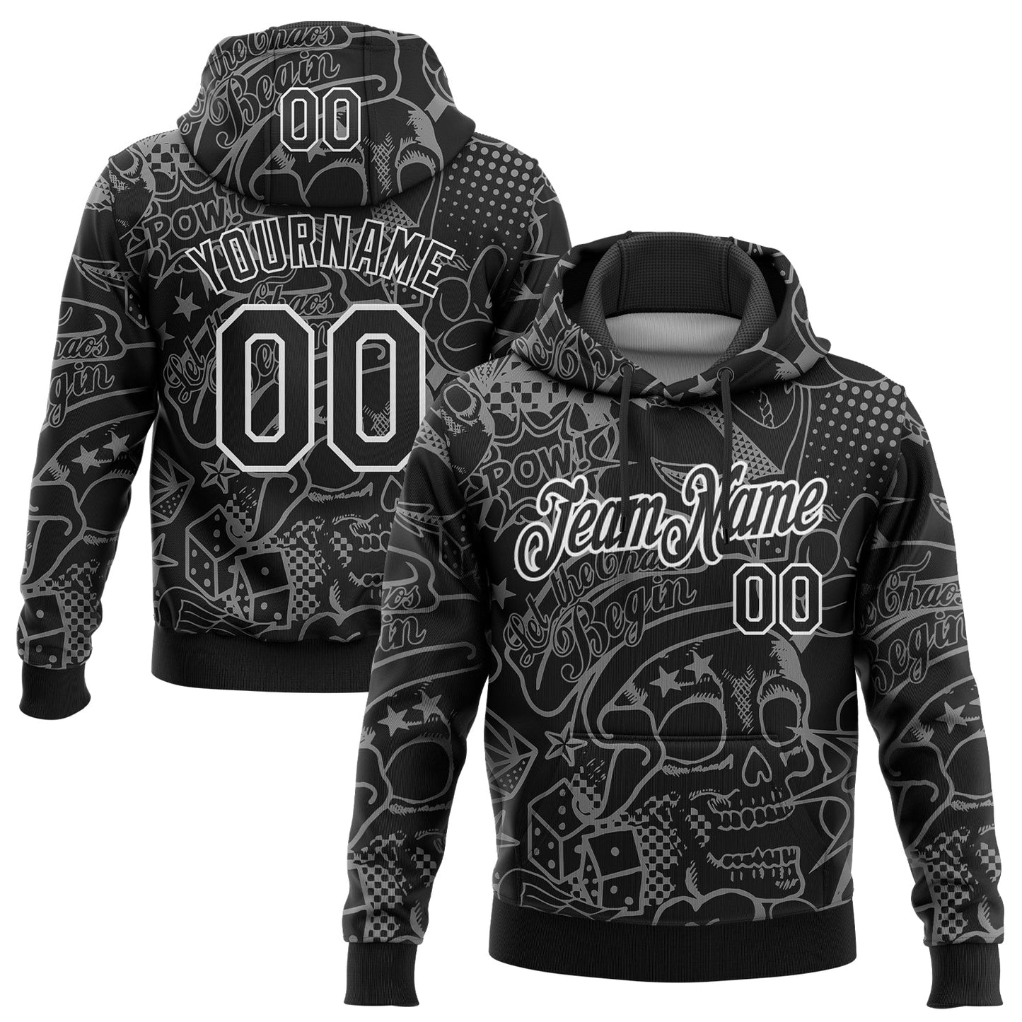 Custom Stitched Graffiti Pattern Black-White 3D Skull Fashion Sports Pullover Sweatshirt Hoodie - Main View