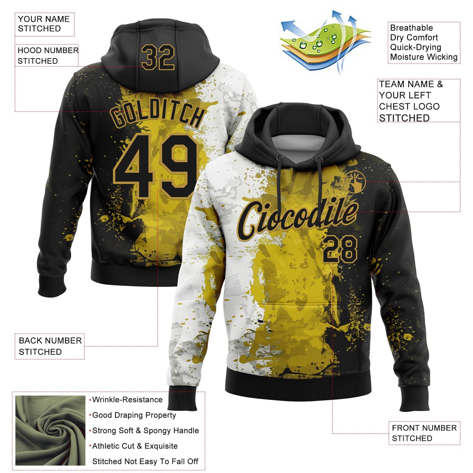 Custom Stitched Graffiti Pattern Black-Old Gold 3D Splash Grunge Art Sports Pullover Sweatshirt Hoodie view 2