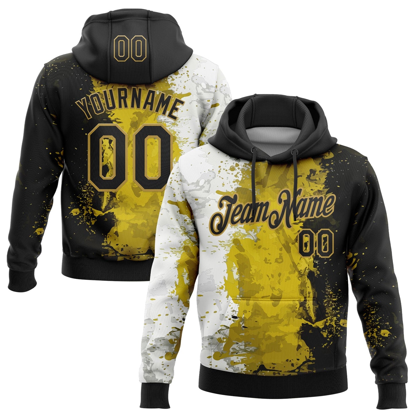 Custom Stitched Graffiti Pattern Black-Old Gold 3D Splash Grunge Art Sports Pullover Sweatshirt Hoodie - Main View