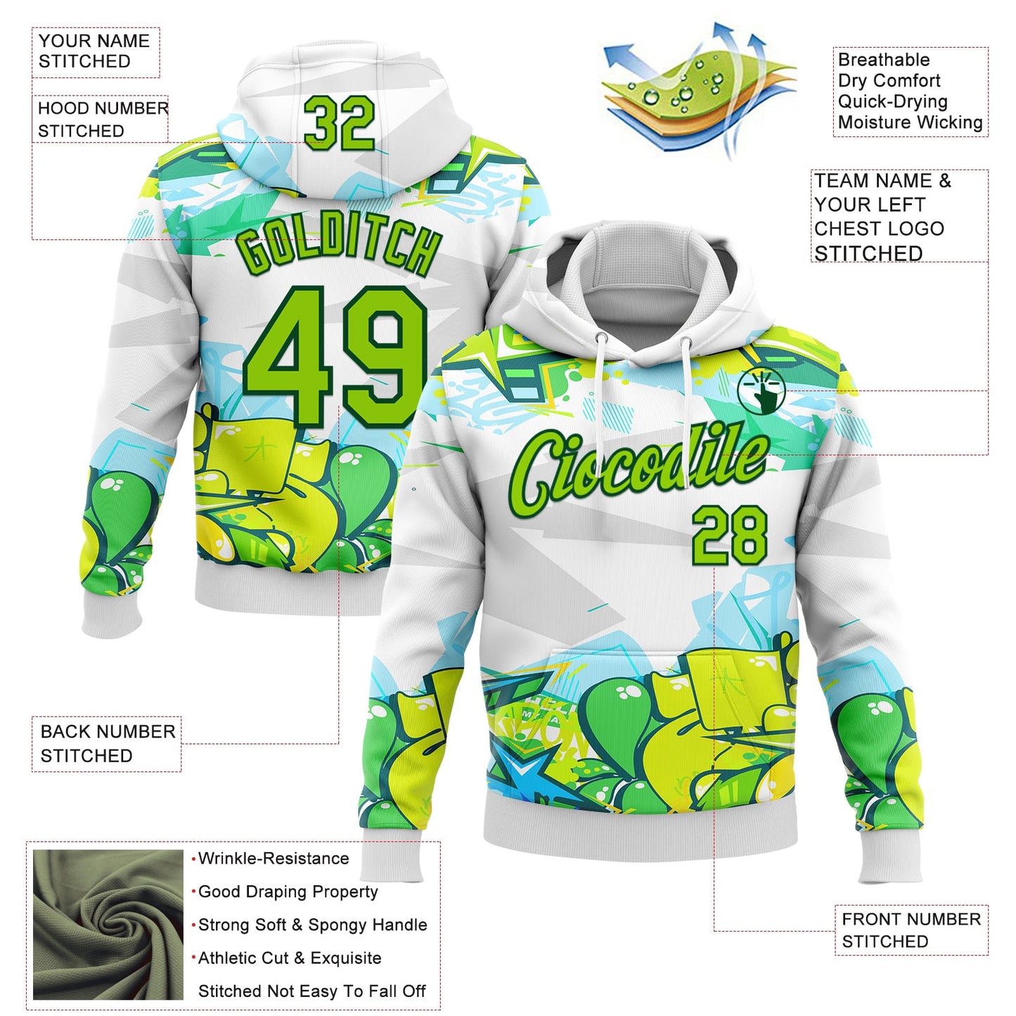 Custom Stitched Graffiti Pattern Neon Green-Green 3D Trendy Abstract Urban Street Art Sports Pullover Sweatshirt Hoodie view 2