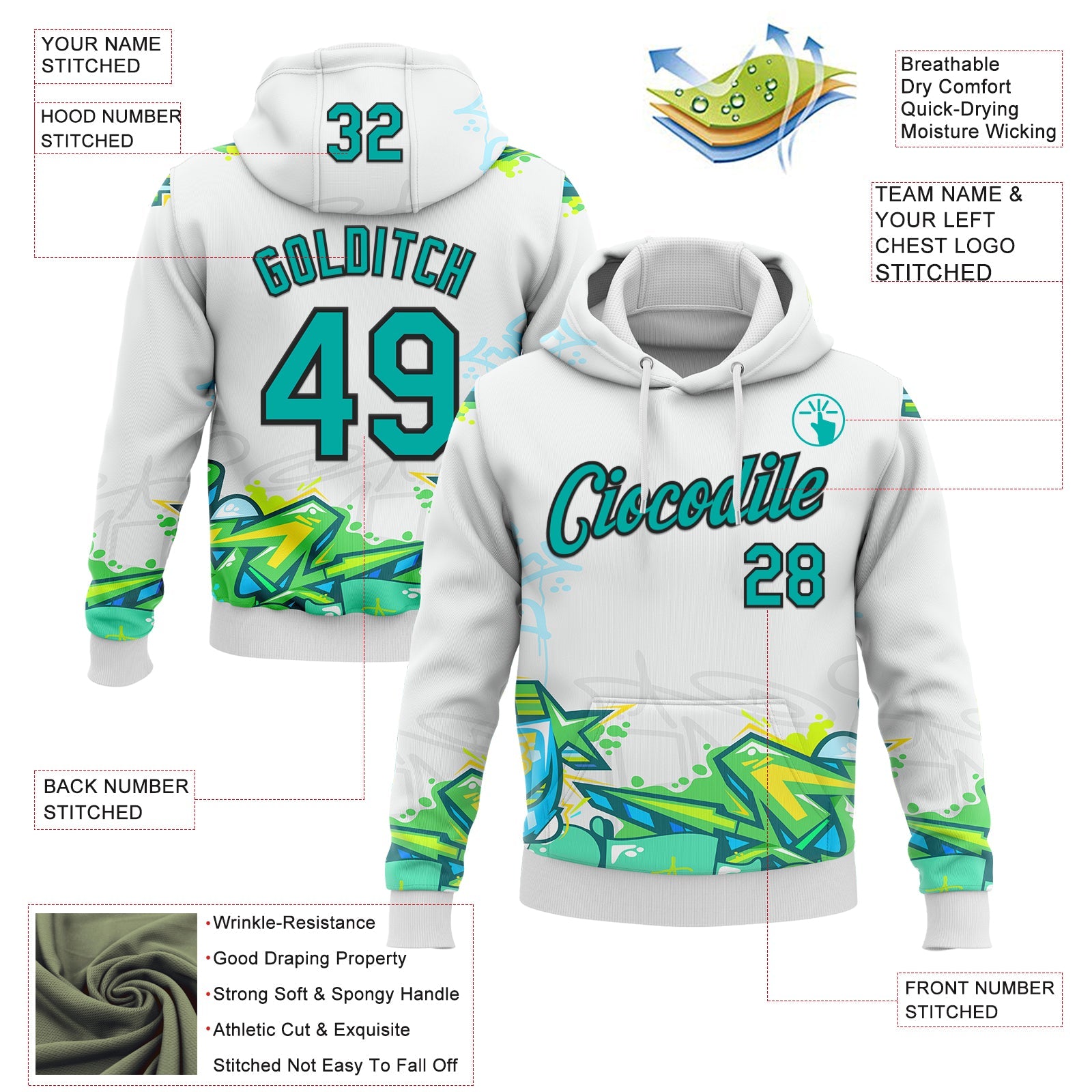 Custom Stitched Graffiti Pattern Aqua-Black 3D Trendy Abstract Urban Street Art Sports Pullover Sweatshirt Hoodie view 2
