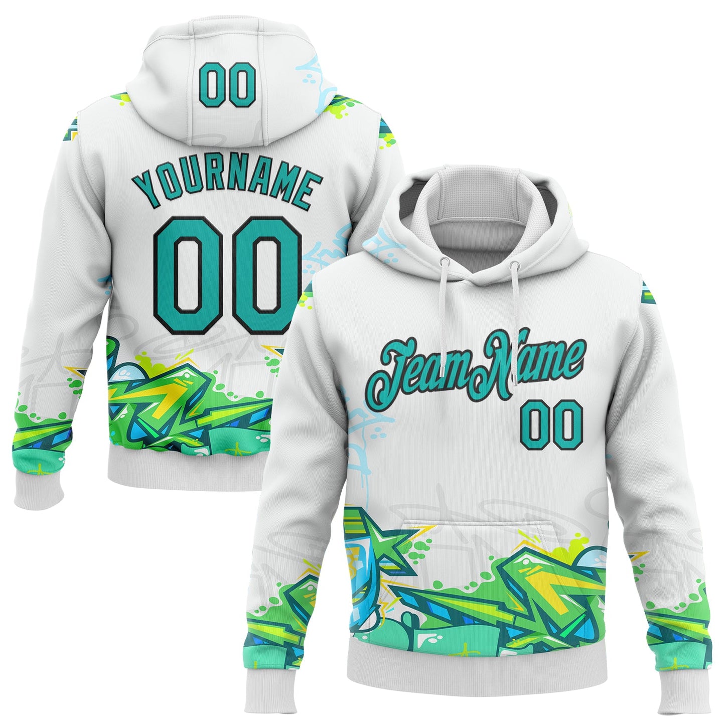 Custom Stitched Graffiti Pattern Aqua-Black 3D Trendy Abstract Urban Street Art Sports Pullover Sweatshirt Hoodie - Main View