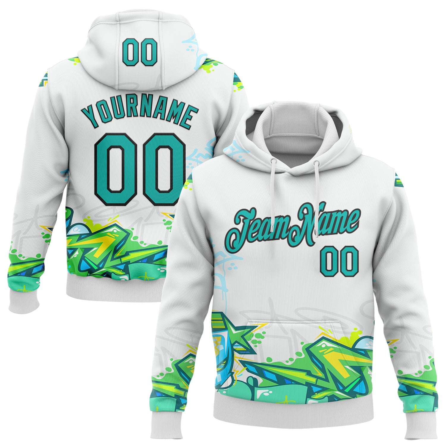 Custom Stitched Graffiti Pattern Aqua-Black 3D Trendy Abstract Urban Street Art Sports Pullover Sweatshirt Hoodie - Main View