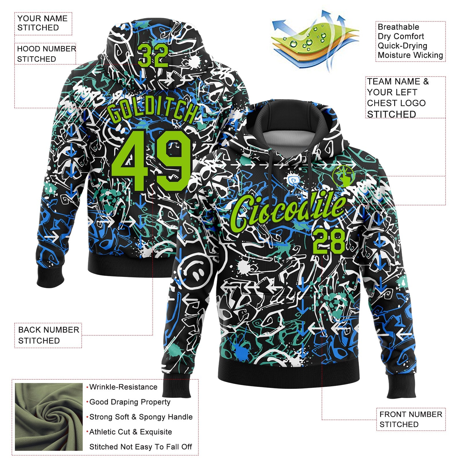 Custom Stitched Graffiti Pattern Neon Green-Black 3D Abstract Grunge Art Sports Pullover Sweatshirt Hoodie view 2