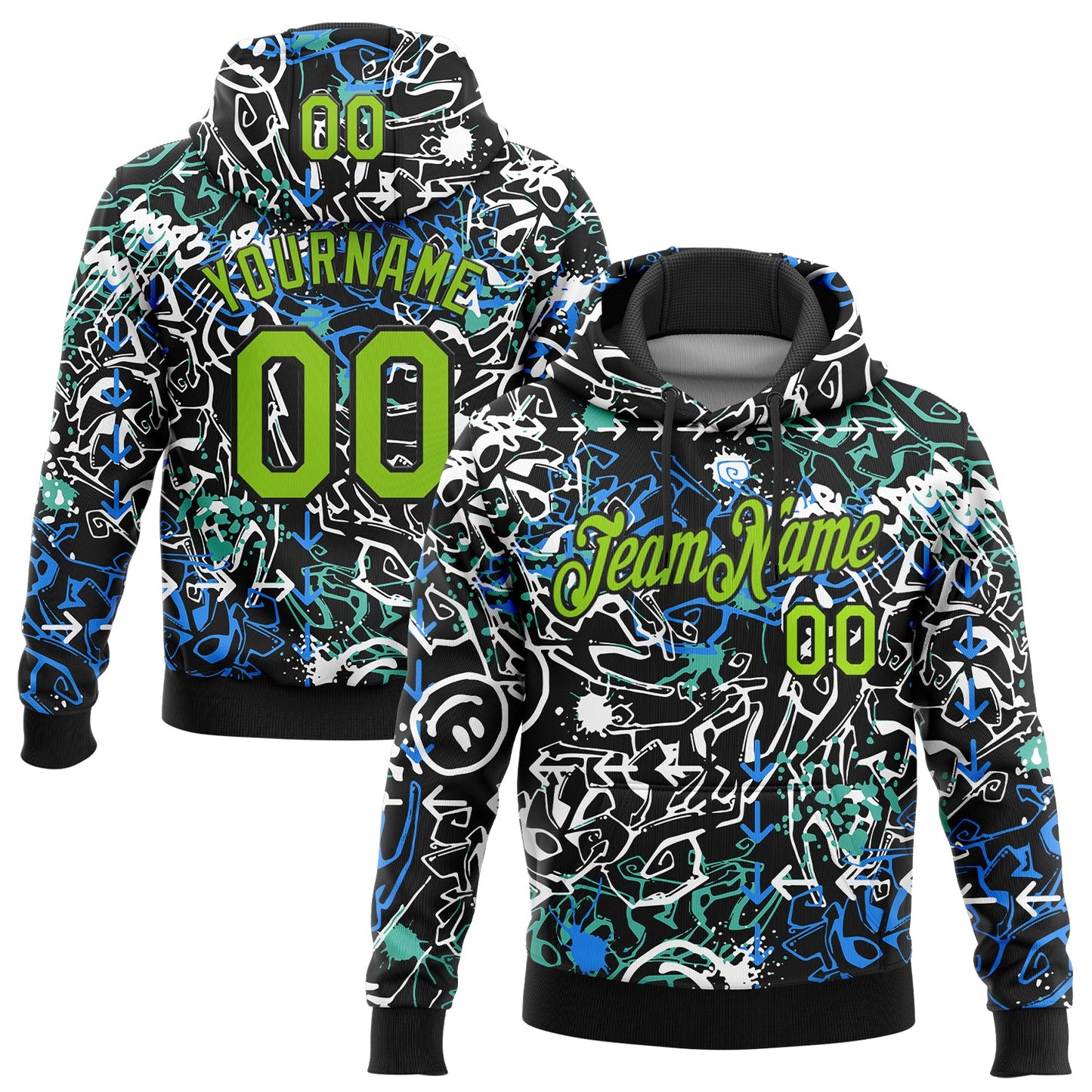 Custom Stitched Graffiti Pattern Neon Green-Black 3D Abstract Grunge Art Sports Pullover Sweatshirt Hoodie - Main View