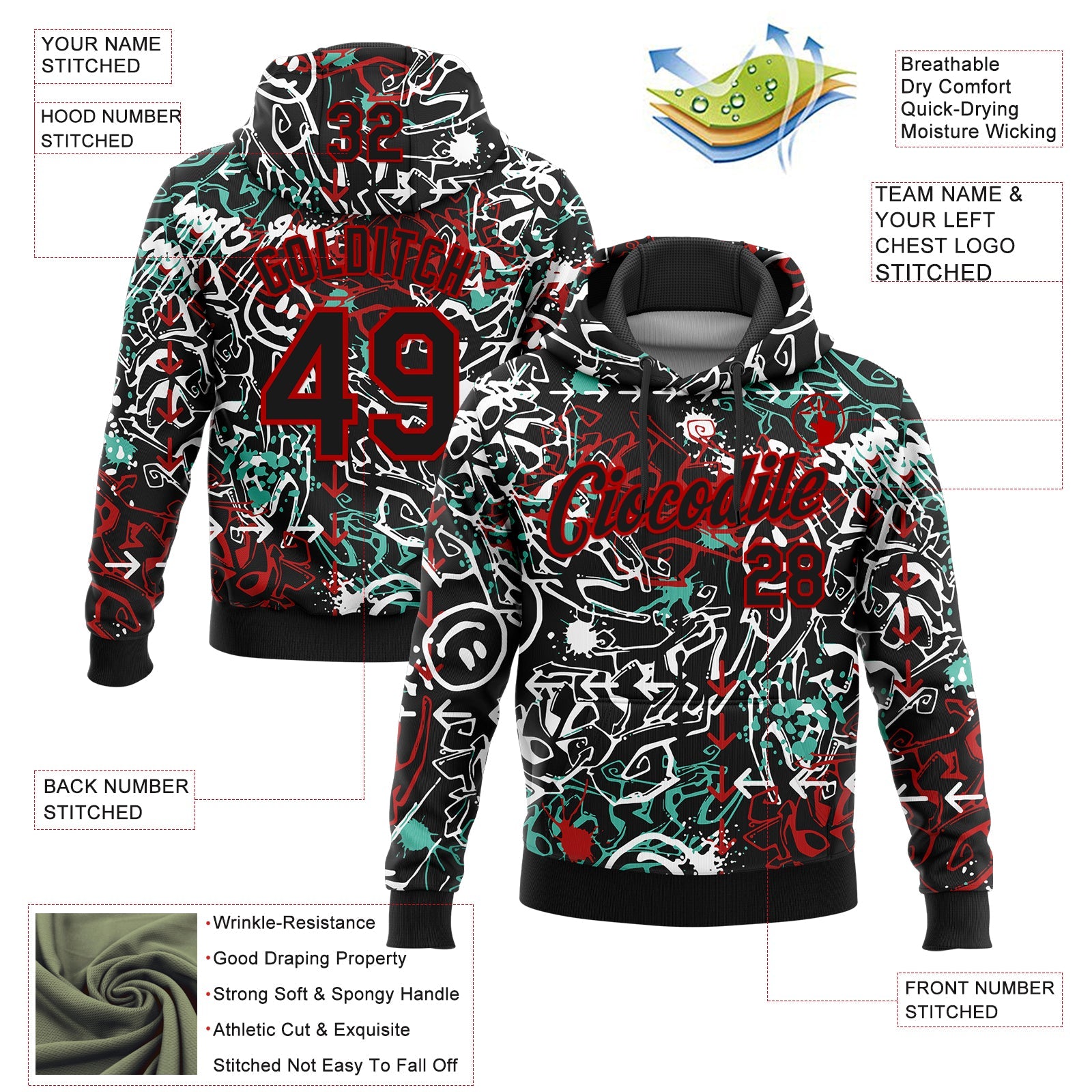 Custom Stitched Graffiti Pattern Black-Red 3D Abstract Grunge Art Sports Pullover Sweatshirt Hoodie view 2