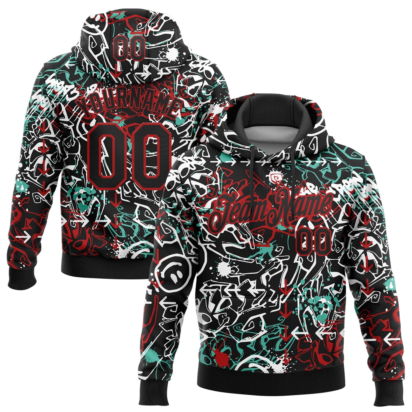 Custom Stitched Graffiti Pattern Black-Red 3D Abstract Grunge Art Sports Pullover Sweatshirt Hoodie - Main View