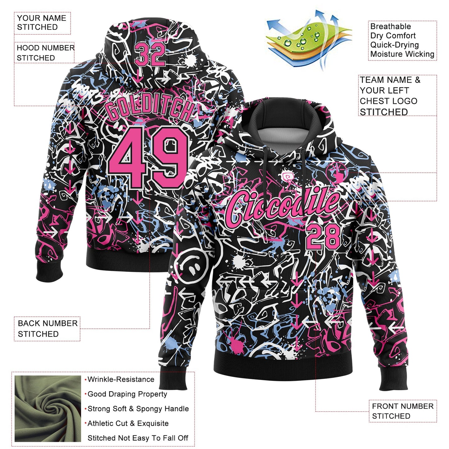 Custom Stitched Graffiti Pattern Pink Black-White 3D Abstract Grunge Art Sports Pullover Sweatshirt Hoodie view 2