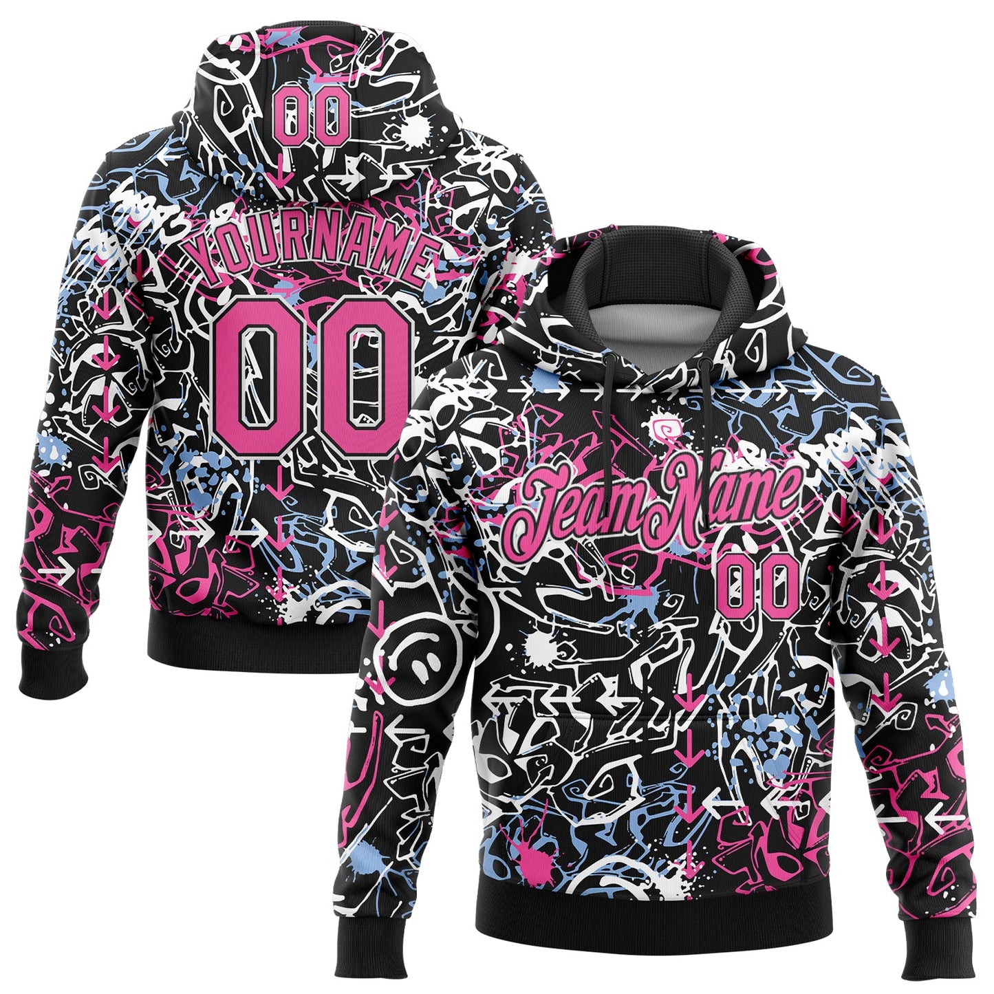 Custom Stitched Graffiti Pattern Pink Black-White 3D Abstract Grunge Art Sports Pullover Sweatshirt Hoodie - Main View