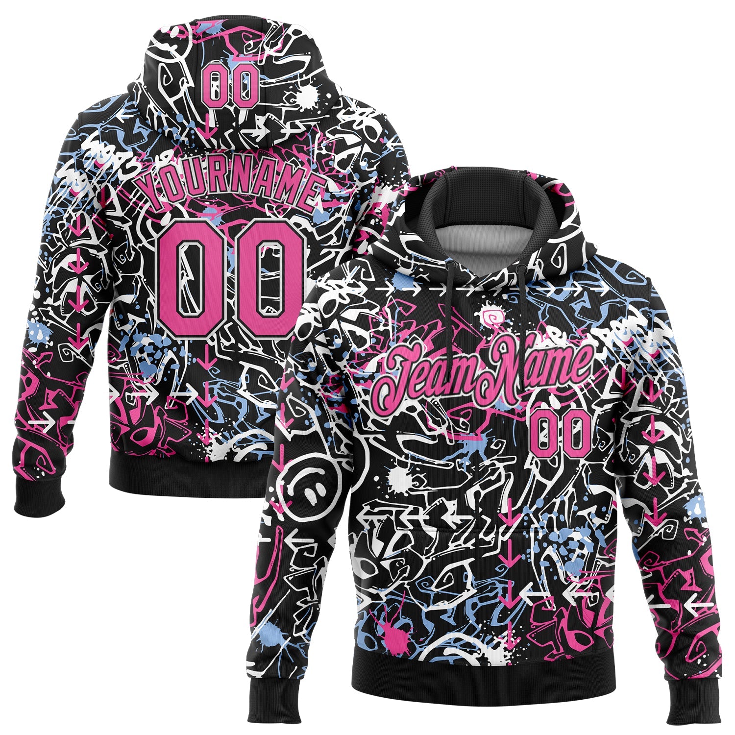 Custom Stitched Graffiti Pattern Pink Black-White 3D Abstract Grunge Art Sports Pullover Sweatshirt Hoodie - Main View