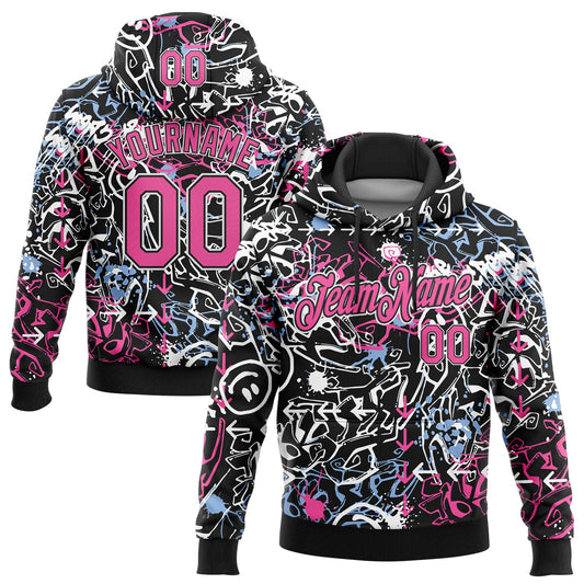 Custom Stitched Graffiti Pattern Pink Black-White 3D Abstract Grunge Art Sports Pullover Sweatshirt Hoodie - Main View