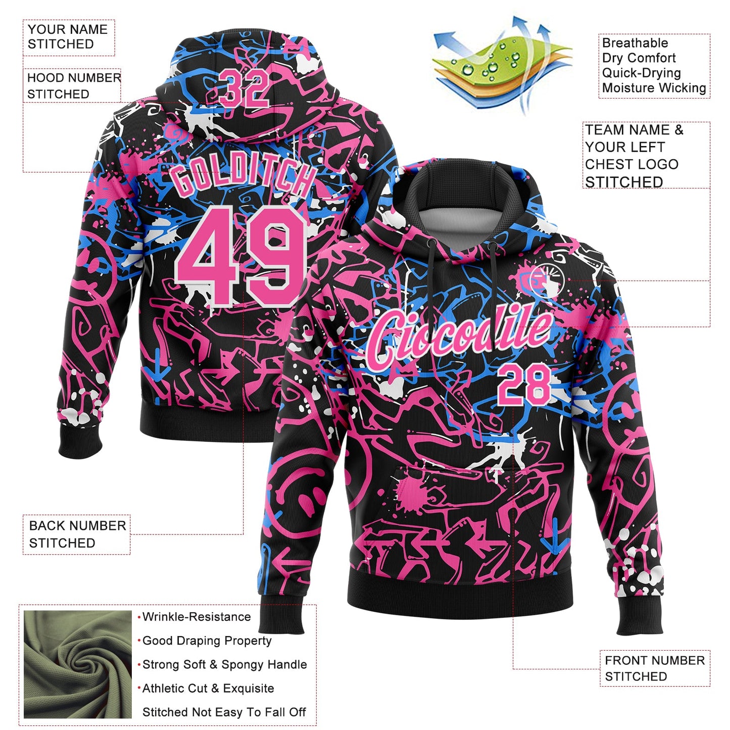 Custom Stitched Graffiti Pattern Pink-White 3D Abstract Grunge Art Sports Pullover Sweatshirt Hoodie view 2