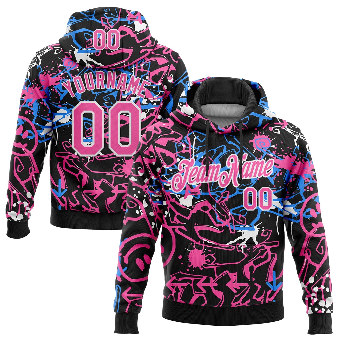 Custom Stitched Graffiti Pattern Pink-White 3D Abstract Grunge Art Sports Pullover Sweatshirt Hoodie - Main View