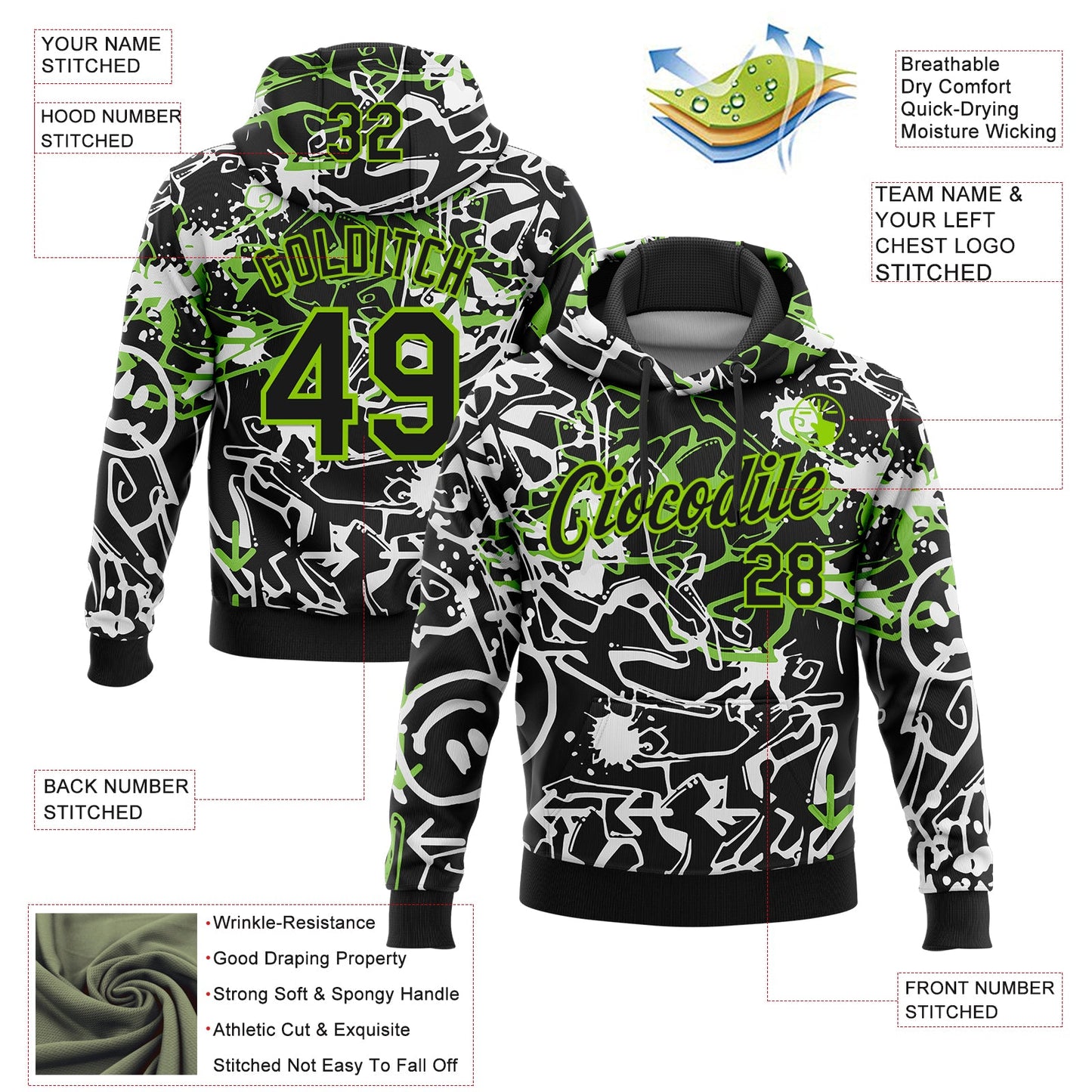 Custom Stitched Graffiti Pattern Black-Aurora Green 3D Abstract Grunge Art Sports Pullover Sweatshirt Hoodie view 2
